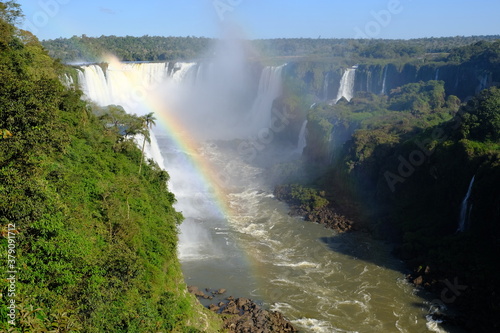 Brazil Foz do Iguacu - Iguazu Falls Devil Throat - Panoramic canyon view with rainbow