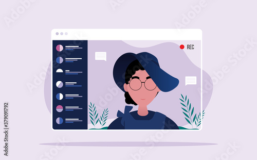 a woman who is undergoing an activity uses a video call to provide information to her audience. Flat Vector illustration