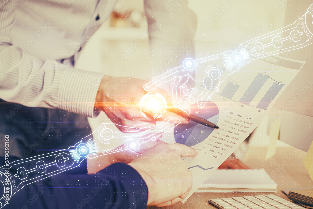 Fototapeta premium Writing man's hand with technology Ai icons.