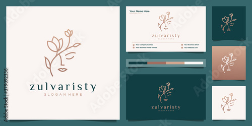 women face with flower logo design and business card. natural women logo for beauty salon, spa, cosmetic, and skin care. luxury feminine template.