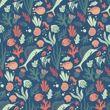 Seamless vector sealife pattern. Cute print with fish, seahorse, swordfish, puffer fish, shells, corals, seaweed. Design for fabric, wallpaper, textile