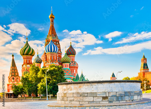 The Cathedral of Vasily the Blessed (Saint Basil's Cathedral) and Lobnoye mesto on Red square in summer morning. Moscow. Russia