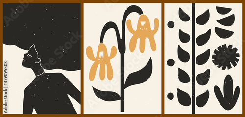Set of three abstract minimalistic aesthetic backgrounds with woman silhouette, thin lines, shapes, flowers. Trendy colorful vector illustration for social networks, web design in vintage boho style.