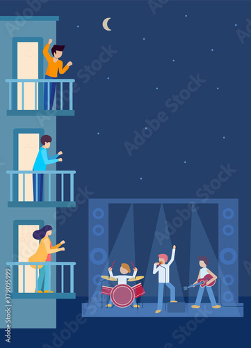 Vertical concert under building of houses, offices. People neighbors are standing on balconies looking down at concert stage with musicians.