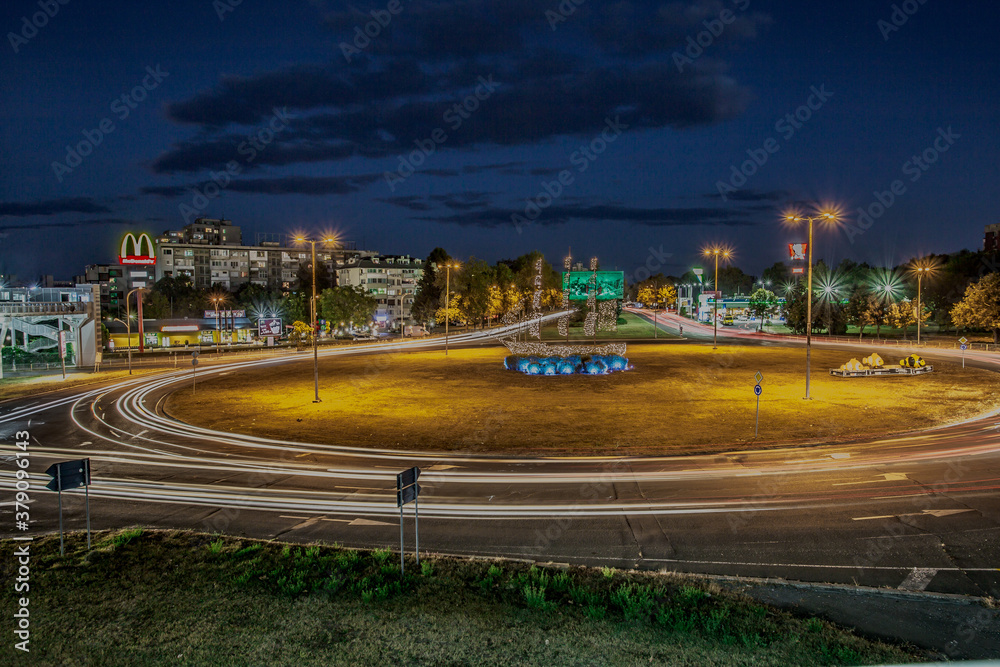 Night Roundabout traffic in Burgas,Bulgaria