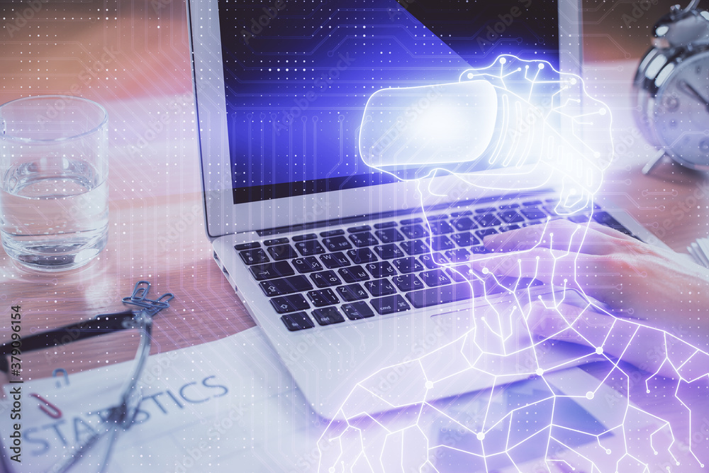 AR hologram with man working on computer on background. Augmented reality concept. Double exposure. AR hologram with man working on computer on background. Augmented reality concept. Double exposure.