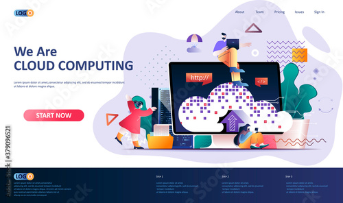 Cloud computing flat landing page template. Virtualization technology, cloud database system web banner. Hosting platform administering, data center 3d composition. Web page vector illustration.