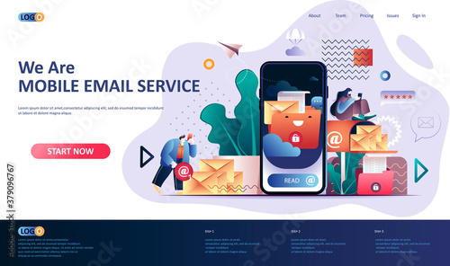 Mobile email service flat landing page template. Online people communication software web banner. Email app, social network messaging and chatting service 3d composition. Web page vector illustration.