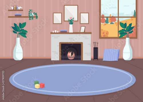 Cozy living room flat color vector illustration. Inside residential house. Carpet on floor. Furnished mansion. Autumn background in window. Home 2D cartoon interior with fireplace on background