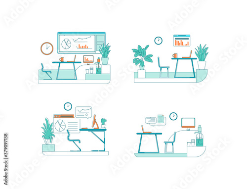 Office spaces flat color vector scene set. Work on company project. Business meeting. Corporate interior isolated cartoon illustration for web graphic design and animation collection