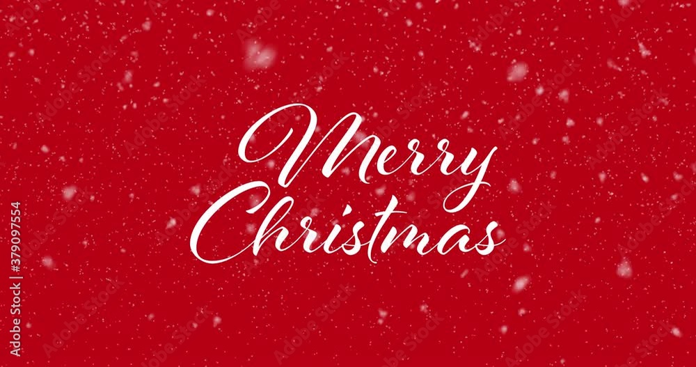Merry Christmas animated handwritten calligraphic text on background of snowflakes falling