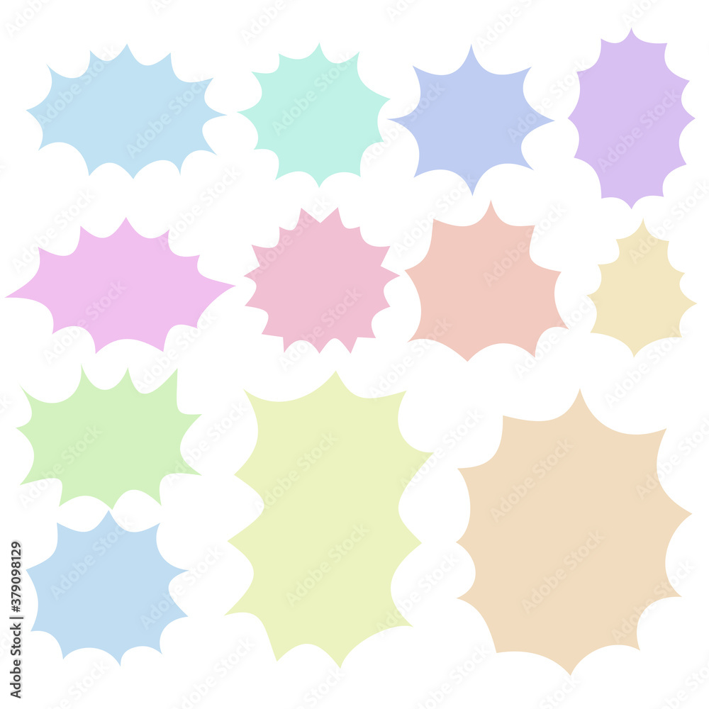 Speech bubble set vector. Bubble pattern zigzag or Shocked bubbles. Pastel color illustrations isolated on white. Speech bubble set vector. Bubble pattern zigzag or Shocked bubbles. Pastel color illustrations isolated on white.