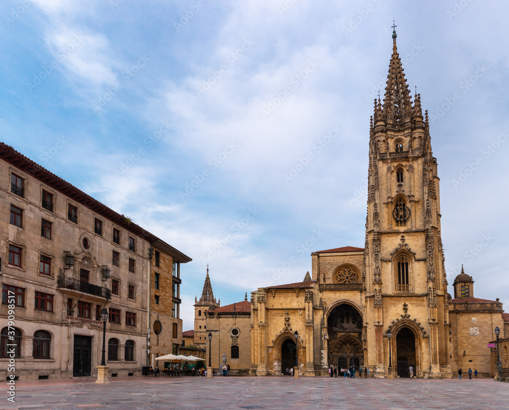 Cathedral of San Salvador. The tower and the building are a mix of different architectural styles, from pre-romanesque to renaissance. City centre of Oviedo, Asturias, North of Spain