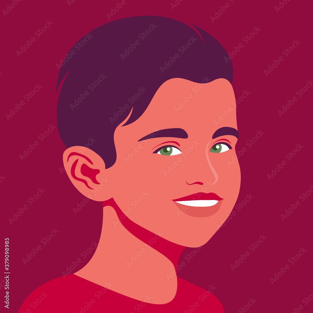 Portrait of a happy boy. The face of a smiling child. Avatar of a schoolboy. Vector flat illustration