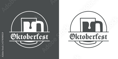 Pinta de cerveza. Logotipo jarra de cerveza vintage con espuma en círculo con texto Oktoberfest en fondo gris y fondo blanco