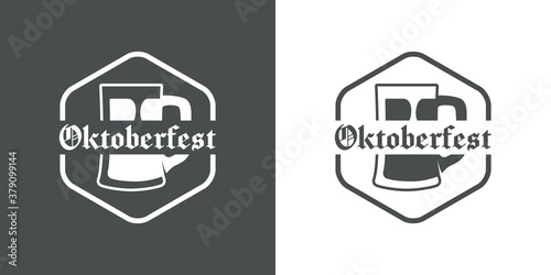 Pinta de cerveza. Logotipo jarra de cerveza vintage con espuma en hexágono con texto Oktoberfest en fondo gris y fondo blanco