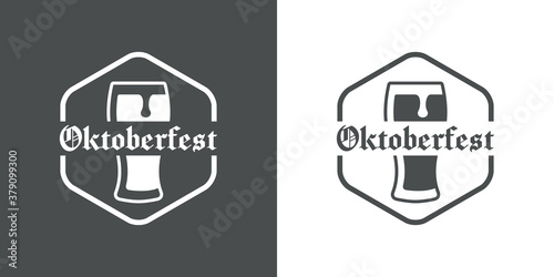 Pinta de cerveza. Logotipo vaso de cerveza vintage con espuma en hexágono con texto Oktoberfest en fondo gris y fondo blanco