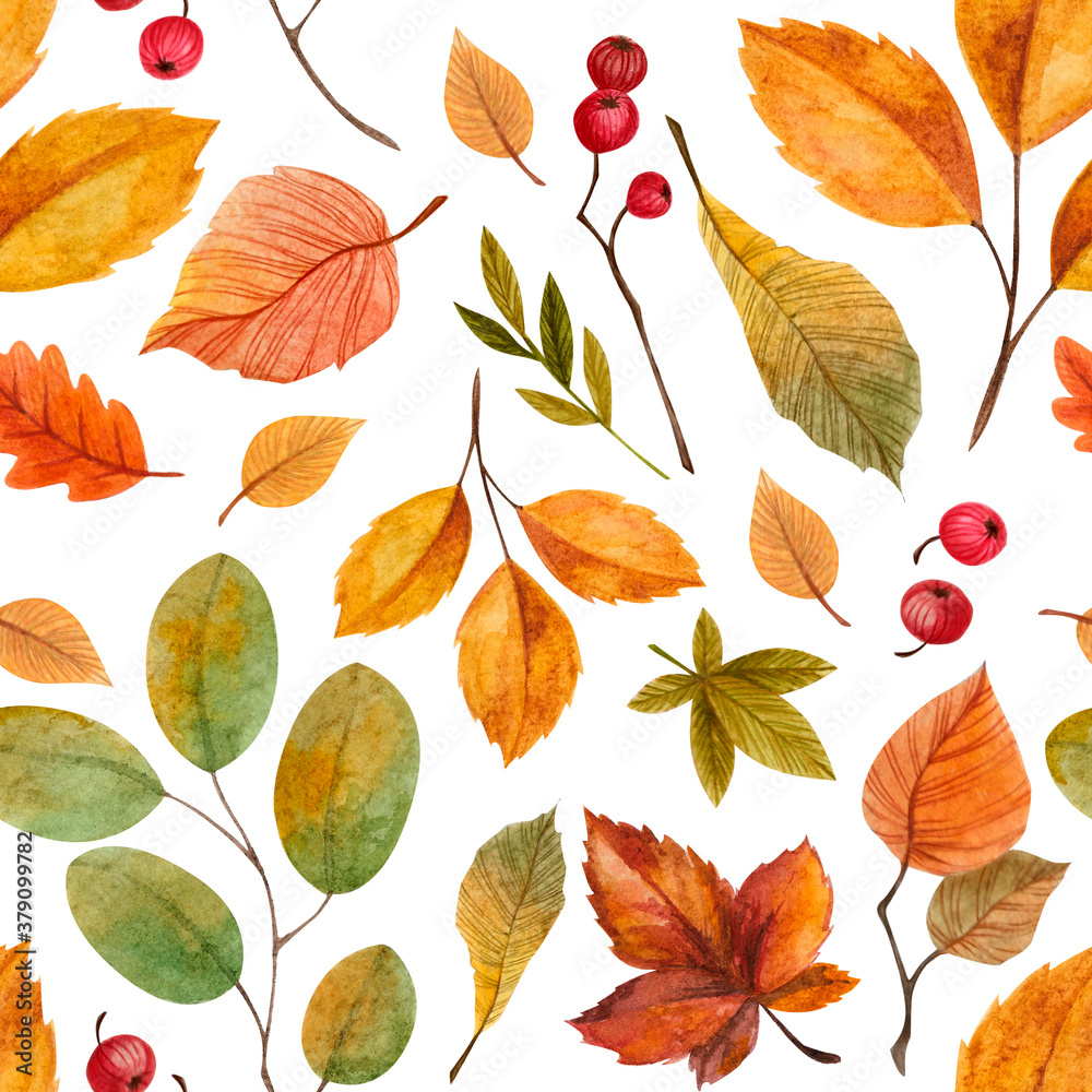 Obraz premium Autumn warm bright watercolor seamless pattern with items of comfort food coffee cocoa pumpkin apple menu cinnamon fallen leaves