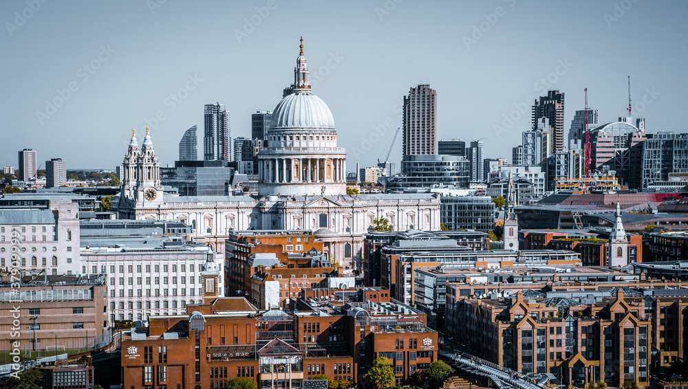 City of London view, office buildings and St. Paul's cathedral. London, UK