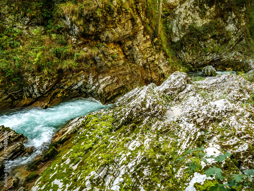 View on the Vintgar Gorge waterfall in Slovenia