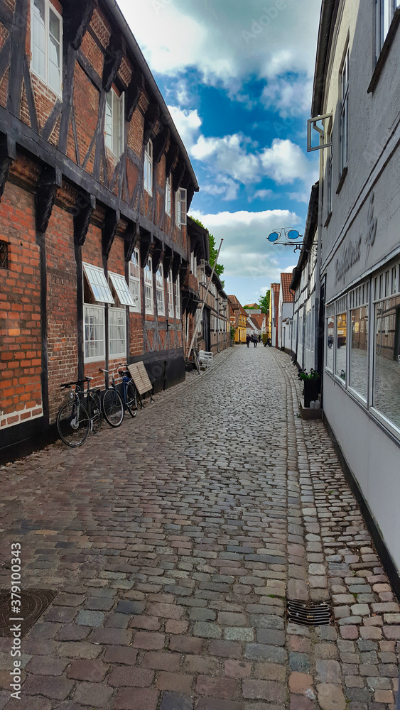 Street with old houses in a town in Denmark