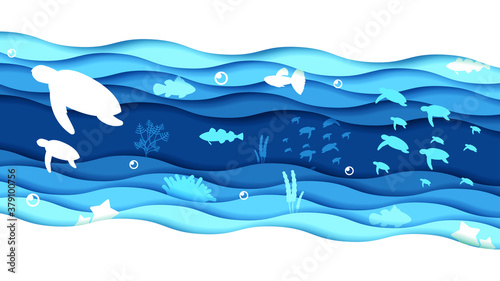 Abstract Paper Cut Turtles Fish Swim On Water White Background Vector Design Style