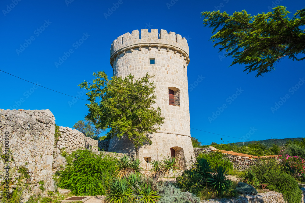 Old tower fortress in town of Cres, Kvarner, Croatia