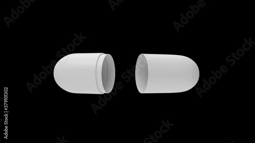 3D animation of a white empty medical capsule expands into two halves on a black background. Alpha channel. 4K resolution.