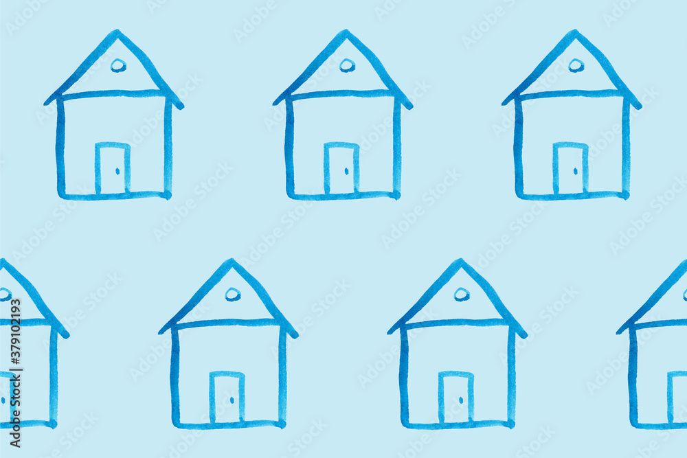 Seamless pattern with blue house icon on blue backboard. Cartoon style baby illustration. Architecture, construction, village, homepage. Creative kids city texture for fabric, wrapping or textile Seamless pattern with blue house icon on blue backboard. Cartoon style baby illustration. Architecture, construction, village, homepage. Creative kids city texture for fabric, wrapping or textile