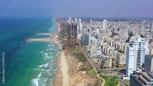 Aerial view of Netanya cliffside coastline, Israel.