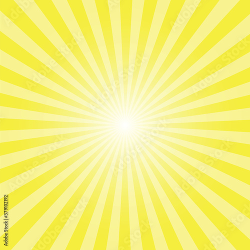Sunburst background. Sunshine yellow radiate sun beam burst effect. Sunbeam light flash boom. Sunrise glow burst. Solar radiance glare, retro design illustration.