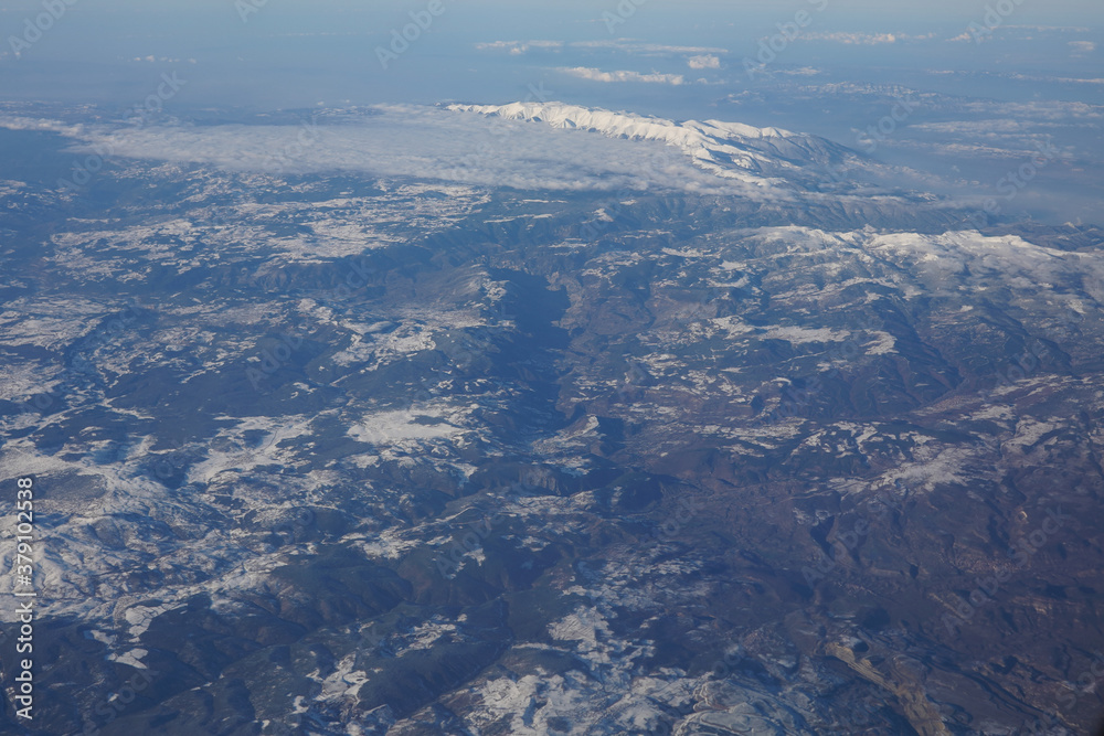 Snowy mountains of West Anatolia from plane 