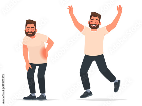 Man with back pain and after recovering from an illness. Happy man in a jump enjoys the freedom of movement
