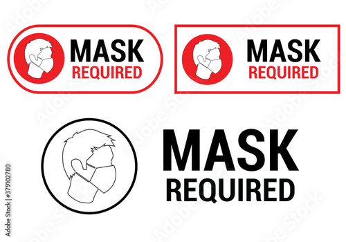 set of mask required warning prevention sign - human profile silhouette with face mask in rounded rectangular frame - isolated vector information picture
