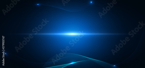 Abstract futuristic technology lighting effect and wave lines on dark blue background.