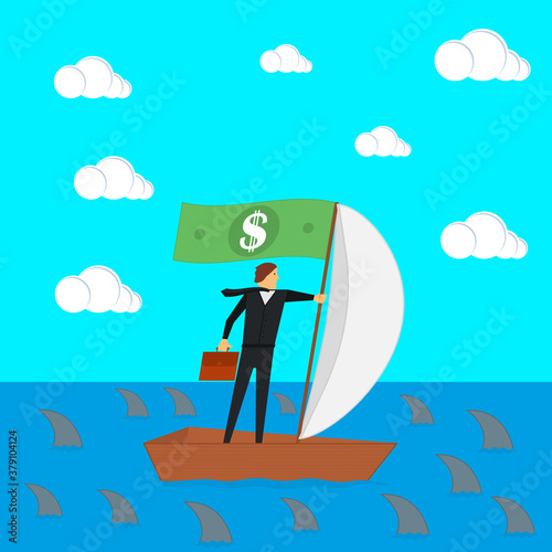 The concept of risks in business and management. Businessman on a sailing boat surrounded by sharks. Vector illustration.