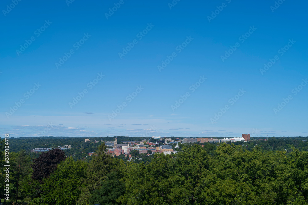 Naklejka premium Cornell University, a private and statutory Ivy League research university in Ithaca, New York, photographed on a clear afternoon from a distance. 