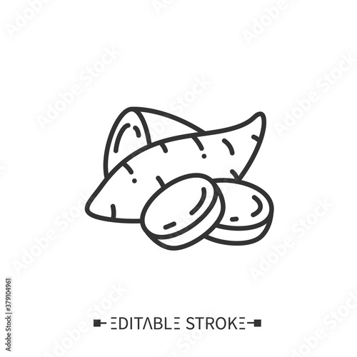 Sweet potatoes line icon. Superfood. Organic healthy energetic food for balanced nutrition. Detox and weight loss supplements. Vegetarian food. Isolated vector illustration. Editable stroke. 