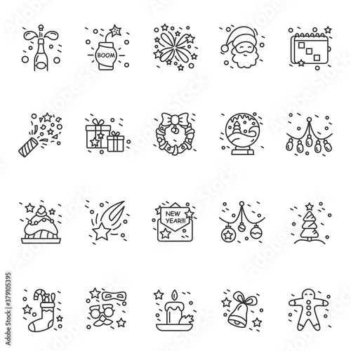 New year holidays highlight icons set. Christmas and New Year celebration. Traditions and festive decorations. Christmas and New Year holidays concept. Isolated vector illustrations. Editable stroke 