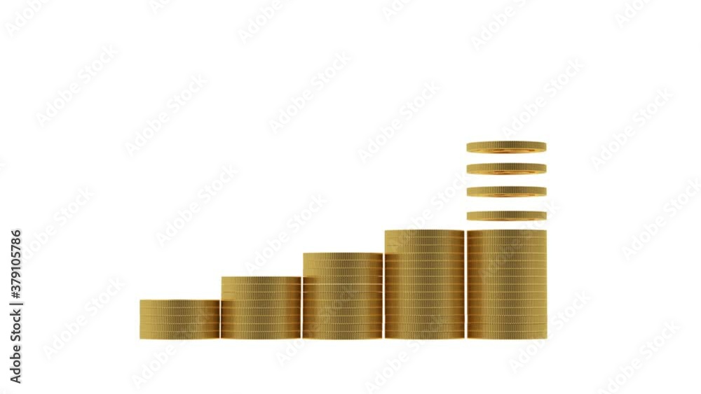 3d animation of gold coins falling and stacked on a graph isolated on a white background. Alpha channel. 4K resolution. 3d animation of gold coins falling and stacked on a graph isolated on a white background. Alpha channel. 4K resolution.