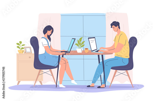 Young people work at home cartoon vector illustration