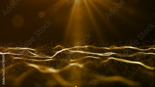 Fototapeta Naklejka Na Ścianę i Meble -  Gold color digital particles wave flow and light flare. abstract technology background concept