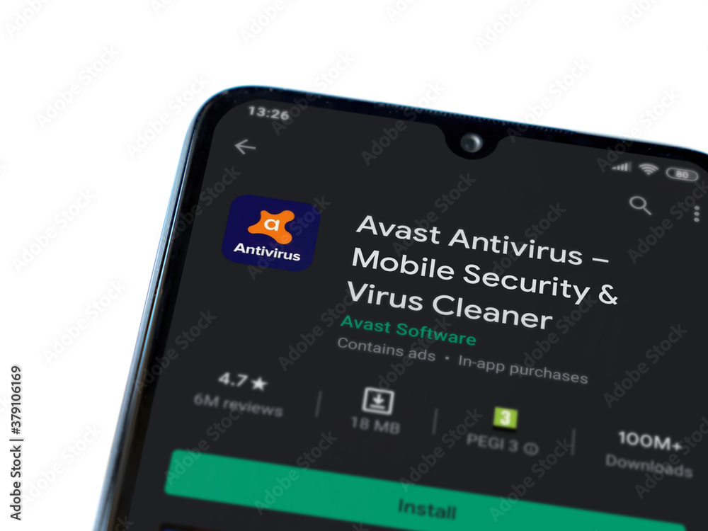 Lod, Israel - July 8, 2020: Avast Antivirus app play store page on the