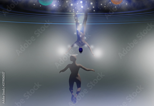 Illustrazione 3d di un angelo e un alieno che si incontrano nello spazio © o-hido sonia art