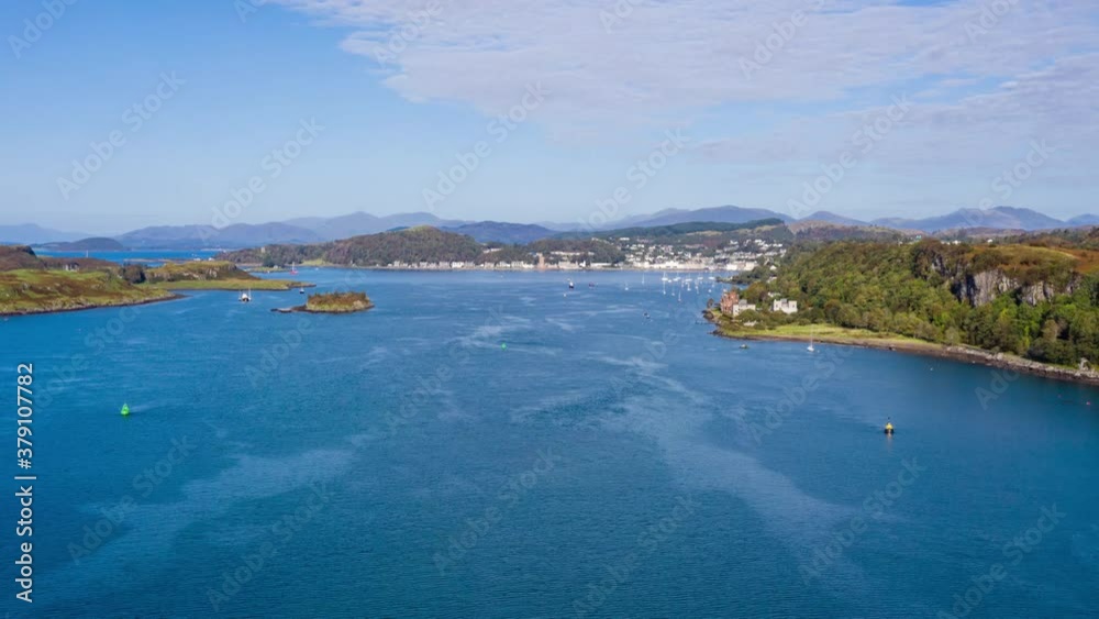 aerial view of the sound of kerrera and the island of kerrera near oban in the argyll region of the highlands of scotland during a clear blue calm day in autumn aerial view of the sound of kerrera and the island of kerrera near oban in the argyll region of the highlands of scotland during a clear blue calm day in autumn