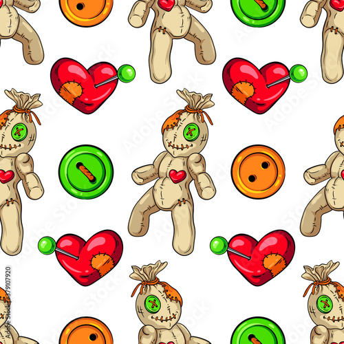 Voodoo doll, heart shaped pincushion and buttons vector seamless pattern. Spooky background for your Halloween, horror party and other creepy designs, party invitations, cards, posters, package, etc.