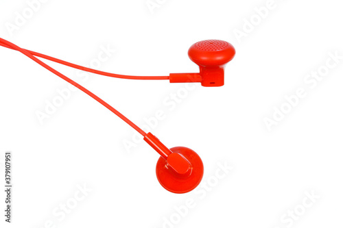 Red ear buds isolated on white bacnground