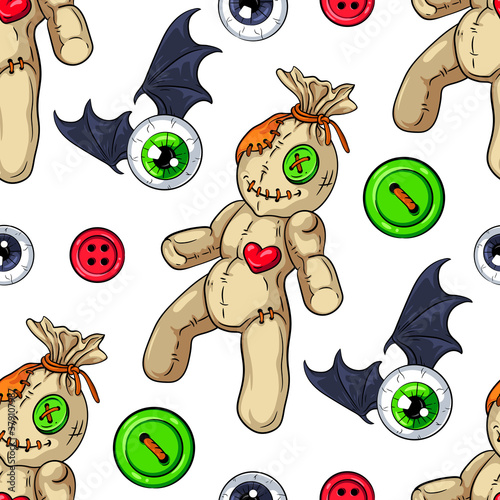 Voodoo doll, eyeballs with bat wings and buttons vector seamless pattern. Spooky background for your Halloween, horror party and other creepy designs, party invitations, cards, posters, package, etc.