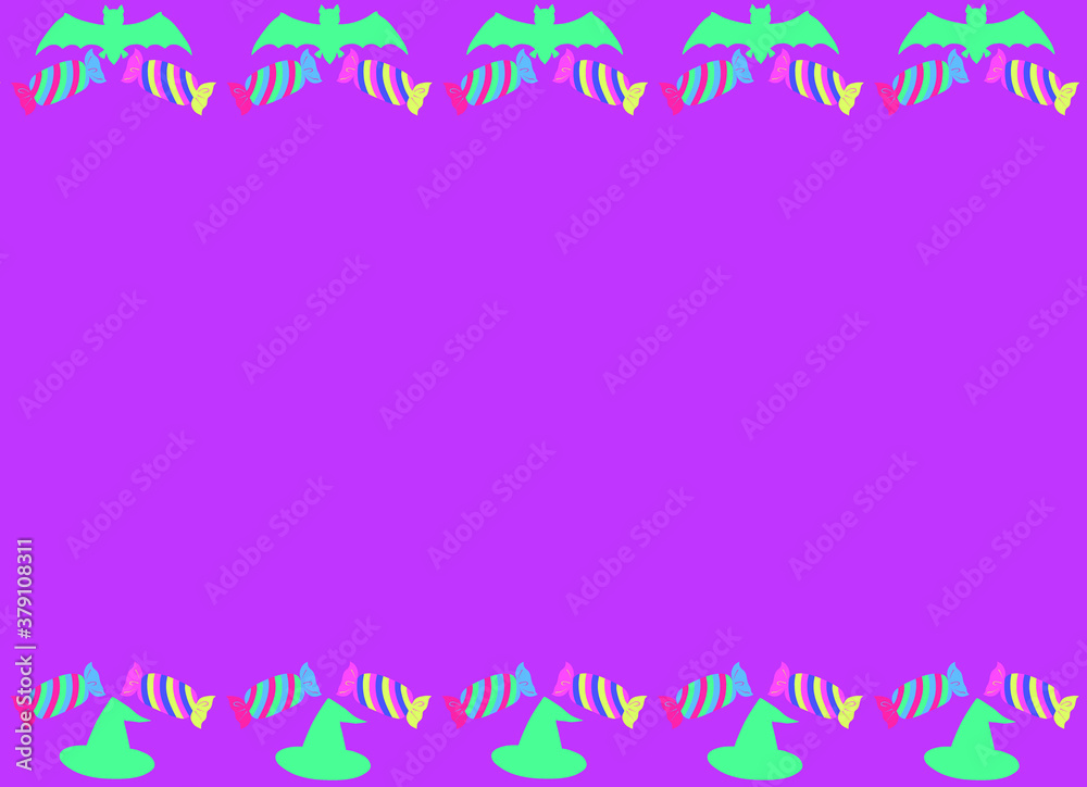 Purple Background of Halloween, Candy , Magic Hats and Bats