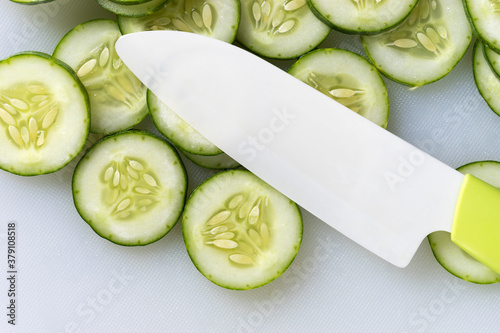 Pile of green cucomber slices, close up